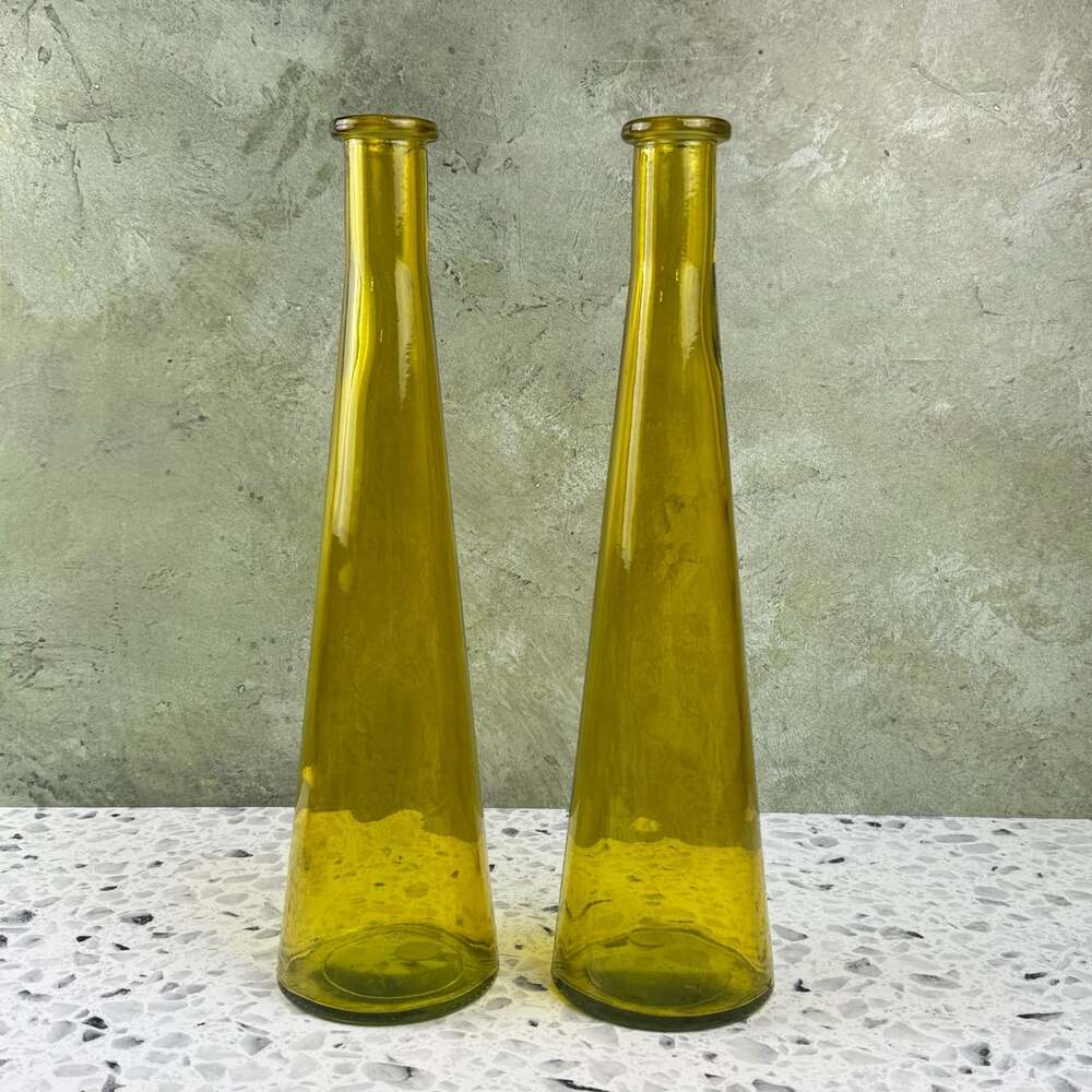 San Miguel Yellow Glass Vase 15" Tall Hand Blown Recycled Glass Spain set 2